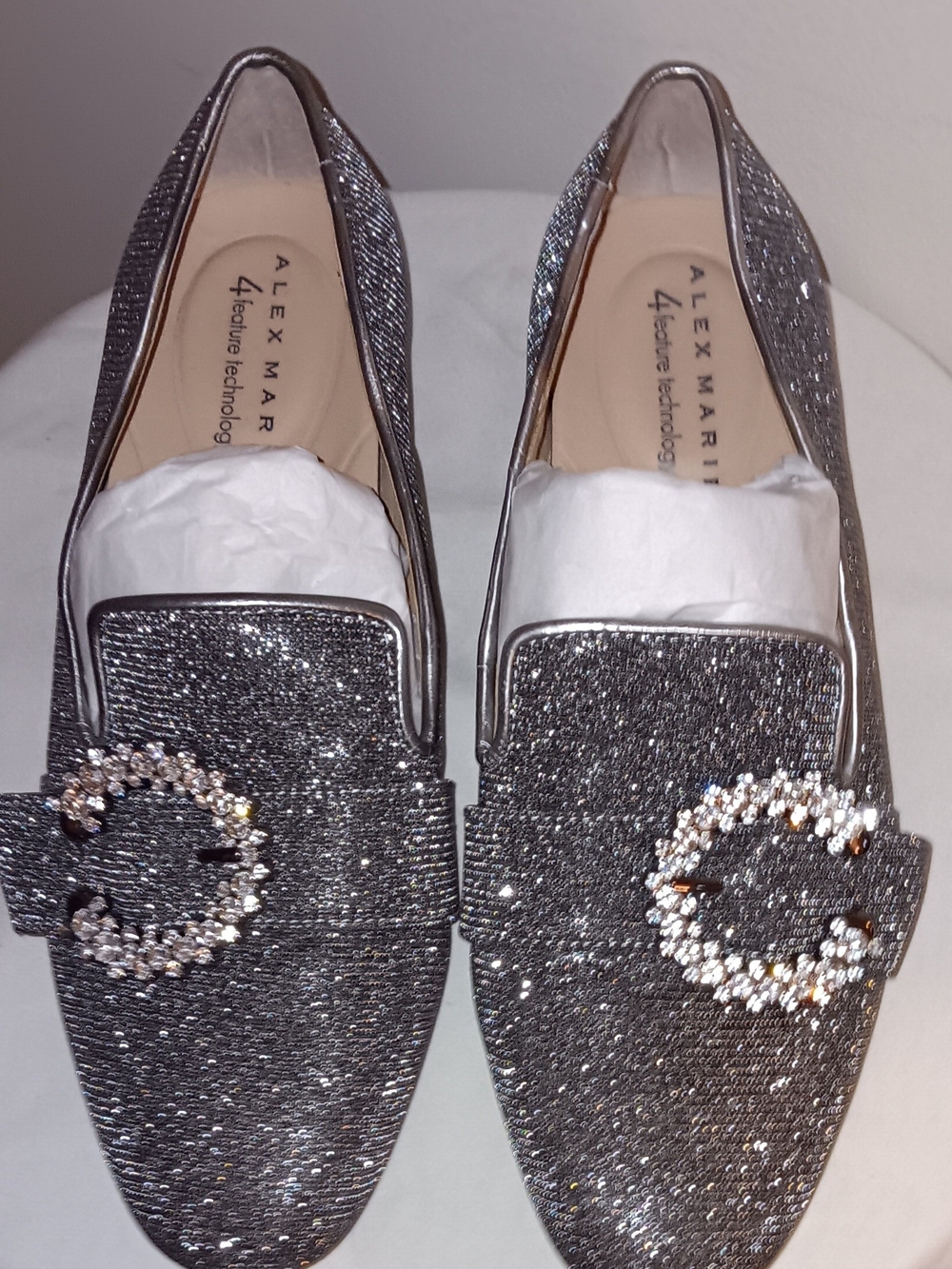 Alex Marie Silver Glitter Loafers with Crystal Buckle